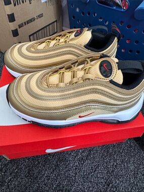 Nike Gold and Red Air Max 97 Sneakers